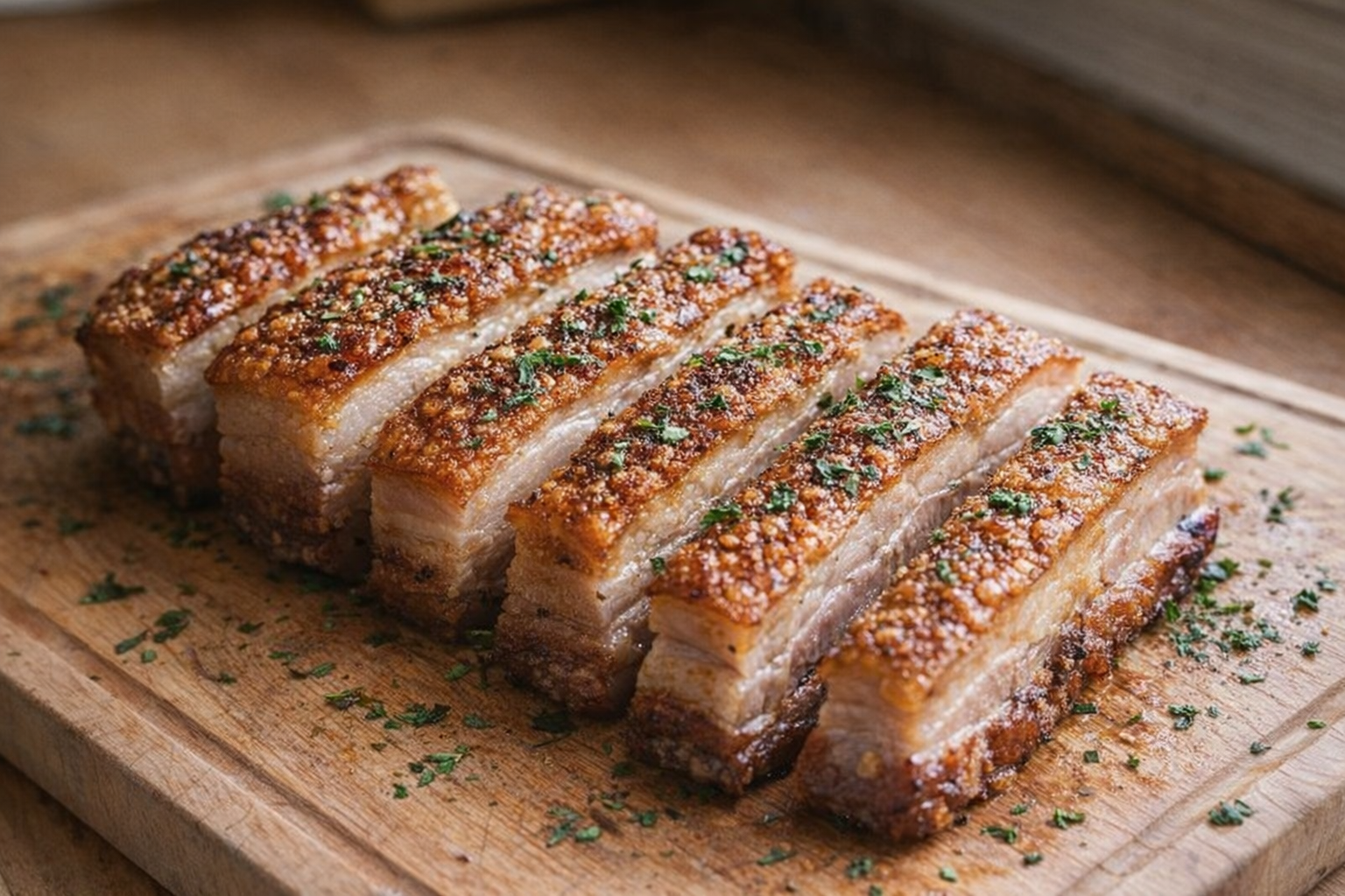An overhead shot of crispy pork belly slices on a wooden cutting board, golden brown skin with rendered fat, herbs sprinkled on top, natural light